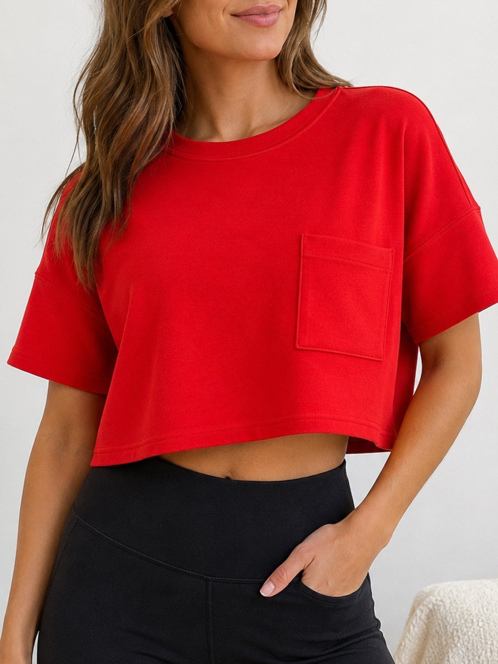 SPANX AirEssentials Cropped Pocket Tee Red Size Small
